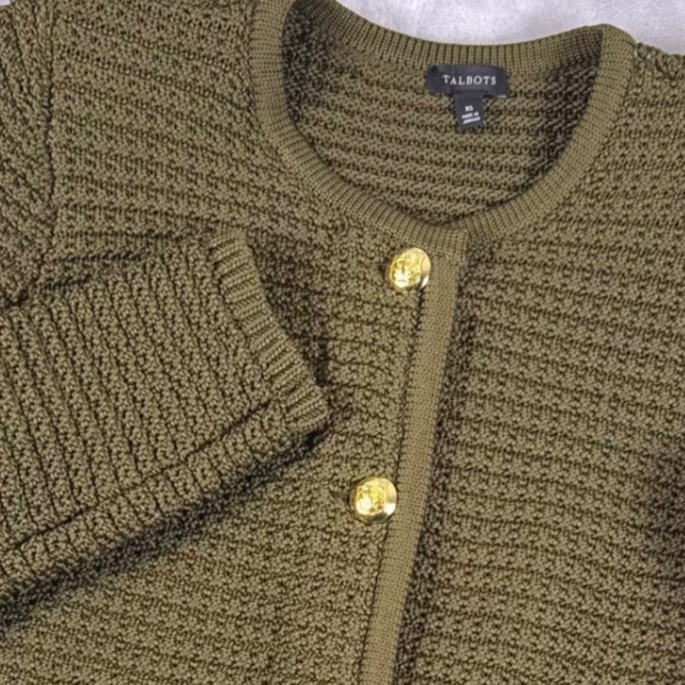 Talbots Kate Cardigan Women XS Green Textured Crewneck Popcorn Knit Sweater